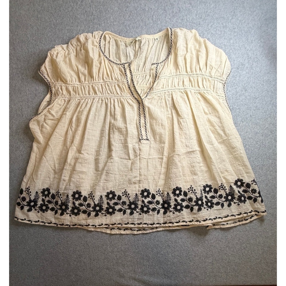 Max Studio London Cream Embroidered Floral Peasant Blouse Boho Top Small